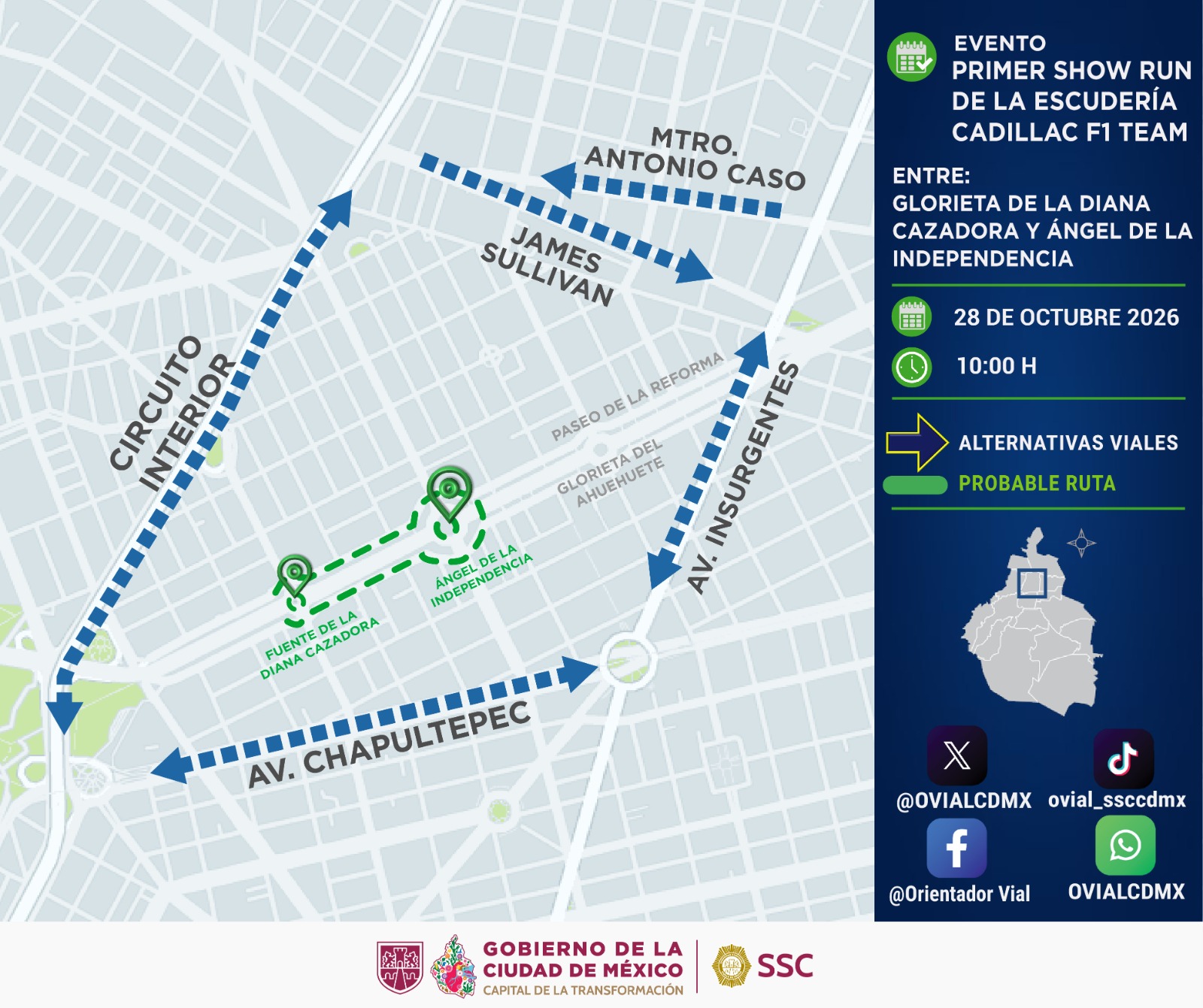 SSC desplegará dispositivo de seguridad y vialidad por el Show Run de Cadillac F1 Team en Paseo de la Reforma